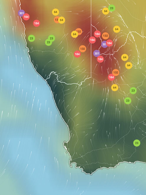 Mapa IQAir con chinchetas coloridas AQI